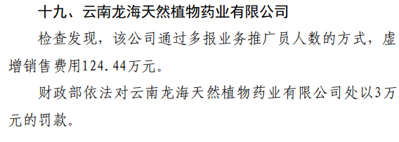 云南龙海天然植物药业“虚增销售费用124.44万元”被罚3万元