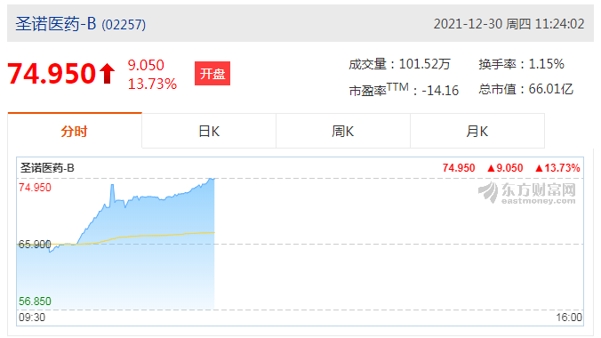 圣诺医药-B(2257.HK)首日上市一度涨超12% 市值65亿港元