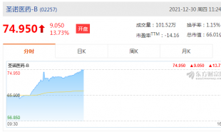圣诺医药-B(2257.HK)首日上市一度涨超12% 市值65亿港元