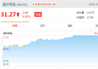 威尔药业(603351)股价上涨9.99%,收盘价为31.27元 威尔药业(603351)股价上涨9.99%,收盘价为31.27元